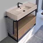 Scarabeo 5124-E-SOL1-89 Console Sink Vanity With Beige Travertine Design Ceramic Sink and Natural Brown Oak Drawer